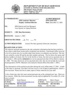 DEPARTMENT OF HUMAN SERVICES SENIORS & PEOPLE WITH DISABILITIES 500 Summer Street NE E02 Salem, Oregon[removed]Phone: ([removed]AUTHORIZED BY: