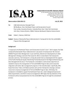 Independent Scientific Advisory Board for the Northwest Power and Conservation Council, Columbia River Basin Indian Tribes, and National Marine Fisheries Service th 851 SW 6 Avenue, Suite 1100