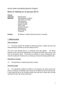 Animal Health and Welfare Board for England  Note of meeting on 8 January 2013 Present Chairman: Members: