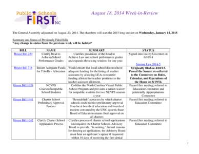 August 18, 2014 Week-in-Review  The General Assembly adjourned on August 20, 2014. The chambers will start the 2015 long session on Wednesday, January 14, 2015. Summary and Status of Previously Filed Bills *Any change in