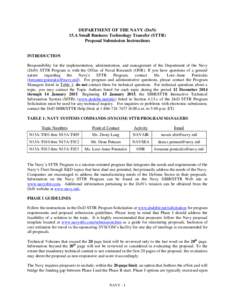 DEPARTMENT OF THE NAVY (DoN) 15.A Small Business Technology Transfer (STTR) Proposal Submission Instructions INTRODUCTION Responsibility for the implementation, administration, and management of the Department of the Nav