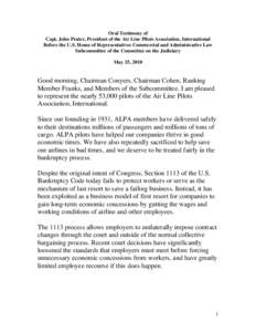 Oral Testimony of Capt. John Prater, President of the Air Line Pilots Association, International Before the U.S. House of Representatives Commercial and Administrative Law Subcommittee of the Committee on the Judiciary M