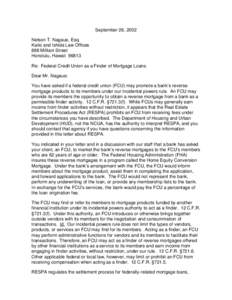 Legal Opinion Letter[removed]Federal Credit Union as a Finder of Mortgage Loans