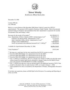 Steve Westly California State Controller December 10, 2004 County Officials City Officials Below is a reconciliation of the December 2004 Motor Vehicle License Fee (MVLF)