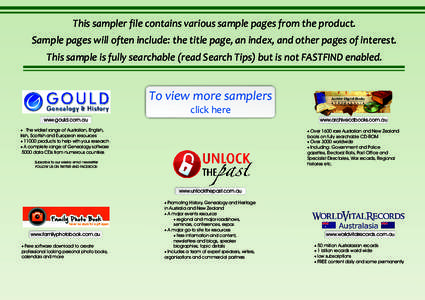 This sampler file contains various sample pages from the product. Sample pages will often include: the title page, an index, and other pages of interest. This sample is fully searchable (read Search Tips) but is not FAST