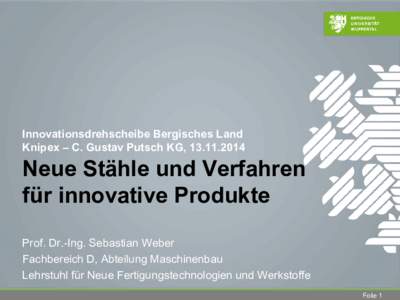 Innovationsdrehscheibe Bergisches Land Knipex – C. Gustav Putsch KG, Neue Stähle und Verfahren für innovative Produkte Prof. Dr.-Ing. Sebastian Weber