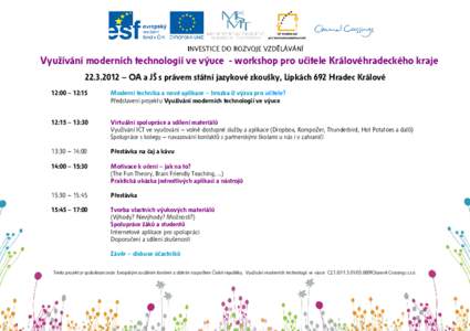 Využívání moderních technologií ve výuce - workshop pro učitele Královéhradeckého kraje – OA a JŠ s právem státní jazykové zkoušky, Lipkách 692 Hradec Králové 12:00 – 12:15 Moderní tech