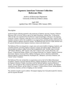 Japanese American Veterans Collection Reference Files Archives & Manuscripts Department University of Hawaii at Manoa Library April[removed]updated June 2005; February 2006; January 2008)