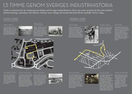 1,5 TIMME GENOM SVERIGES INDUSTRIHISTORIA Under 90 minuter har du vandrat genom Sicklas och Sveriges industrihistoria. Ovan och under jord har du fått möta industrialismens företag, människor och visioner. Visioner som i mångt och mycket lett fram till det samhälle vi lever i idag.