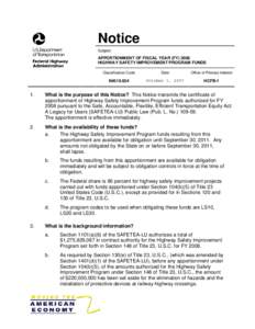 Notice Subject: APPORTIONMENT OF FISCAL YEAR (FY[removed]HIGHWAY SAFETY IMPROVEMENT PROGRAM FUNDS Classification Code