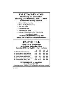 RYLSTONE-KANDOS Show Society Inc. Annual Show Saturday, 27th February, 00pm $1450 Prize Money on offer 1. 300mm Underhand Handicap