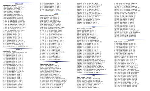 FEBRUARY Date Family - Secret 1 Gen. 33 Mark 4 Esther 9,10 Rom. 4 2 Gen. 34 Mark 5 Job 1 Rom. 5 3 Gen. 35,36 Mark 6 Job 2 Rom. 6 4 Gen. 37 Mark 7 Job 3 Rom. 7 5 Gen. 38 Mark 8 Job 4 Rom. 8