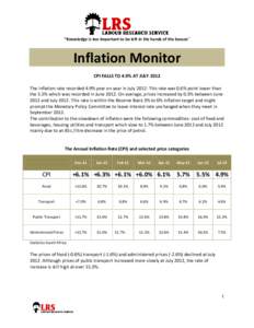 “Knowledge is too important to be left in the hands of the bosses”  Inflation Monitor CPI FALLS TO 4.9% AT JULY 2012 The inflation rate recorded 4.9% year on year in JulyThis rate was 0.6% point lower than the
