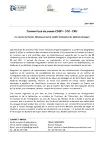 Communiqué de presse CDEFI - CGE - CPU Un courrier du Premier Ministre permet de clarifier la situation des diplômés étrangers  La Conférence des directeurs des écoles françaises d’ingénieurs (CDEFI