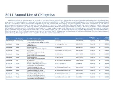 2011 Annual List of Obligation  Federal regulations require MPOs to publish an annual listing of projects for which federal funds have been obligated in the preceding year as a record of project delivery. Although it is 