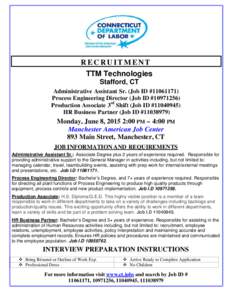 RECRUITMENT TTM Technologies Stafford, CT Administrative Assistant Sr. (Job ID #Process Engineering Director (Job ID #Production Associate 3rd Shift (Job ID #)