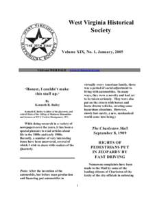 West Virginia Historical Society Volume XIX, No. 1, January, 2005  Visit our WEB PAGE – www.wvhistorical.com