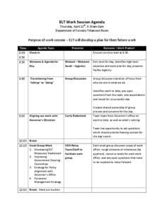 ELT Work Session Agenda  Thursday, April 12th, 8:30am-8pm Department of Forestry Tillamook Room  Purpose of work session – ELT will develop a plan for their future work