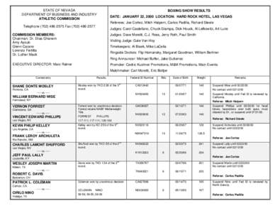 STATE OF NEVADA DEPARTMENT OF BUSINESS AND INDUSTRY ATHLETIC COMMISSION BOXING SHOW RESULTS DATE: JANUARY 22, 2000 LOCATION: HARD ROCK HOTEL, LAS VEGAS