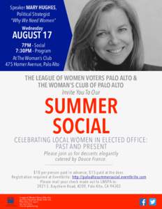 Speaker MARY HUGHES, Political Strategist “Why We Need Women” Wednesday  AUGUST 17