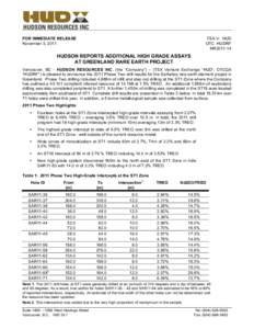 FOR IMMEDIATE RELEASE November 3, 2011 TSX-V: HUD OTC: HUDRF NR2011-14