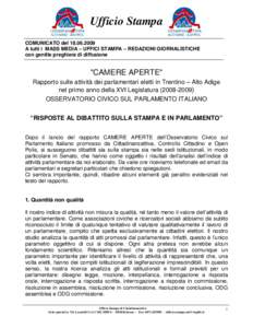 Ufficio Stampa COMUNICATO delA tutti i MASS MEDIA – UFFICI STAMPA – REDAZIONI GIORNALISTICHE con gentile preghiera di diffusione  