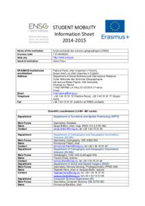 STUDENT MOBILITY Information Sheet[removed]Name of the Institution Erasmus code Web site