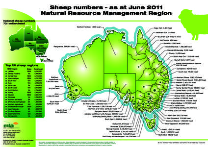 Sheep numbers – as at June 2011 Natural Resource Management Region National sheep numbers 73.1 million head Northern Territory 1,855 head