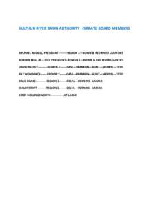 SULPHUR RIVER BASIN AUTHORITY (SRBA’S) BOARD MEMBERS  MICHAEL RUSSELL, PRESIDENTREGION 1---BOWIE & RED RIVER COUNTIES BORDEN BELL, JR.---VICE PRESIDENT--REGION 1—BOWIE & RED RIVER COUNTIES DAVID NEELEY------