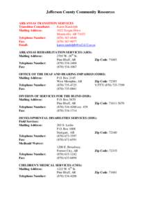 Jefferson County Community Resources ARKANSAS TRANSITION SERVICES Transition Consultant: Karen Randolph Mailing Address: 1022 Scogin Drive