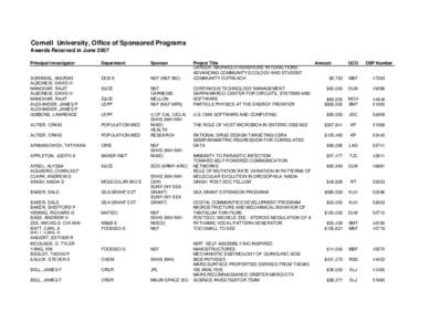 Cornell University, Office of Sponsored Programs Awards Received in June 2007 Principal Investigator Department