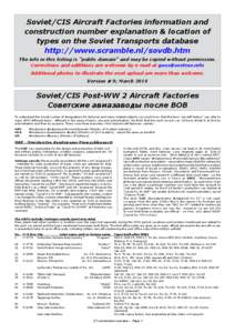 Soviet/CIS Aircraft Factories information and construction number explanation & location of types on the Soviet Transports database http://www.scramble.nl/sovdb.htm The info in this listing is “public domain” and may
