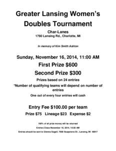 Greater Lansing Women’s Doubles Tournament Char-Lanes 1780 Lansing Rd., Charlotte, MI  In memory of Kim Smith Ashton