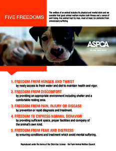 FIVE FREEDOMS  The welfare of an animal includes its physical and mental state and we consider that good animal welfare implies both fitness and a sense of well-being. Any animal kept by man, must at least, be protected 