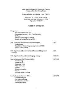 Association for Diplomatic Studies and Training Foreign Affairs Oral History Project AMBASSADOR ALPHONSE F. LA PORTA