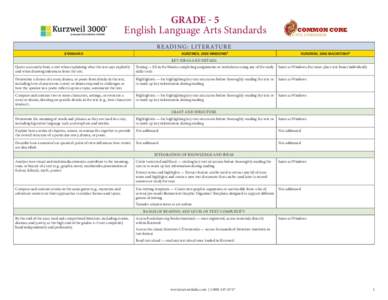 GRADE - 5 English Language Arts Standards R E A D I N G : L I T E R AT U R E STANDARD  KURZWEIL 3000 WINDOWS®