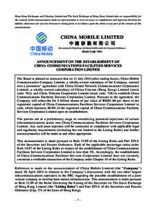 Hong Kong Exchanges and Clearing Limited and The Stock Exchange of Hong Kong Limited take no responsibility for the contents of this announcement, make no representation as to its accuracy or completeness and expressly d