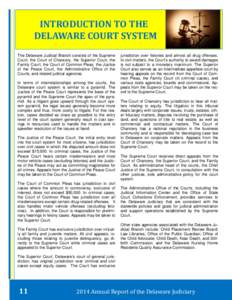 INTRODUCTION	TO	THE																																							 								DELAWARE	COURT	SYSTEM	 The Delaware Judicial Branch consists of the Supreme Court, the Court of Chancery, the Superior Court, the Family Court, the Court