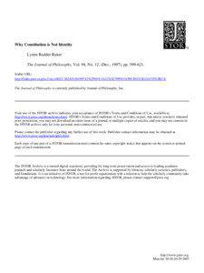 Why Constitution is Not Identity Lynne Rudder Baker The Journal of Philosophy, Vol. 94, No[removed]Dec., 1997), pp[removed].