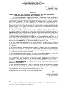 F. No. AAdmn-FSSAI Food Safety and Standards Authority of India Ministry of Health and Family Welfare FDA Bhavan, Kotla Road, New Delhi – Dated the 10th July, 2012