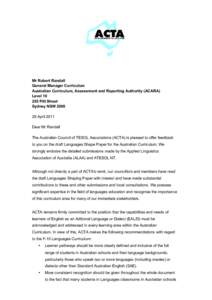 Mr Robert Randall General Manager Curriculum Australian Curriculum, Assessment and Reporting Authority (ACARA) Level[removed]Pitt Street Sydney NSW 2000