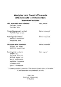 Aboriginal Land Council of Tasmania 2012 election of 8 committee members Nominations accepted Cape Barren Island group (1 member)  Ballot required *