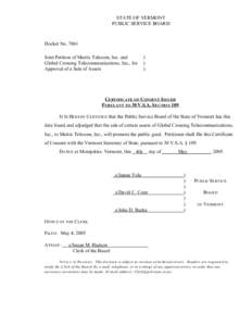 STATE OF VERMONT PUBLIC SERVICE BOARD Docket No[removed]Joint Petition of Matrix Telecom, Inc. and Global Crossing Telecommunications, Inc., for