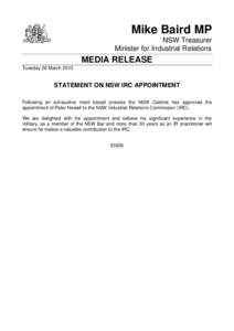 Mike Baird MP NSW Treasurer Minister for Industrial Relations MEDIA RELEASE Tuesday 26 March 2013