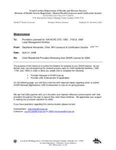 NC DHSR MHLCS: Child Residential Providers Renewing their DHSR License for 2009