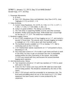 SITREP 5, January 12, 2015; Day 33 at WAIS Divide7 Donald Voigt, I-477, SCO Rep 1. Passenger Movements A. In; N/A. B. Out; I-161 (Riverman, Muto and Holschuh), Gary Clow (I-475), Joey Talghader (I-172) on D-021, 1/9