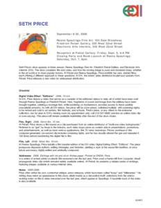 SETH PRICE September 8-30, 2006 Reena Spaulings Fine Art, 165 East Broadway Friedrich Petzel Gallery, 535 West 22nd Street Electronic Arts Intermix, 535 West 22nd Street Reception at Petzel Gallery: Friday, Sept. 8, 6-8 