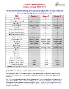 CLARKSVILLE MIDDLE SCHOOL STUDENT SUPPLIES, [removed]The items below are maximum quantities needed and are merely a guide. Due to the nature of the middle school schedule, teachers may request fewer quantities than thos