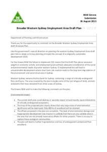 NSW Greens Submission 26 August 2013 Broader Western Sydney Employment Area Draft Plan Structure Department of Planning and Infrastructure