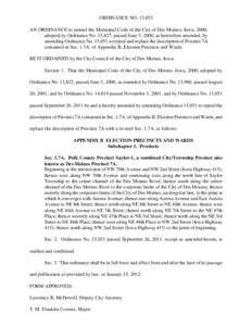 ORDINANCE NO. 15,053 AN ORDINANCE to amend the Municipal Code of the City of Des Moines, Iowa, 2000, adopted by Ordinance No. 13,827, passed June 5, 2000, as heretofore amended, by amending Ordinance No. 15,051 to repeal